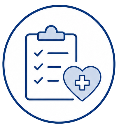 Blaue Checkliste auf Klemmbrett mit Herz und medizinischem Kreuz in einem Kreis