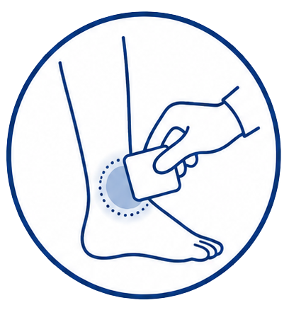 Handcreme auf den Unterschenkel auftragen (blaues Symbol für Anleitung).