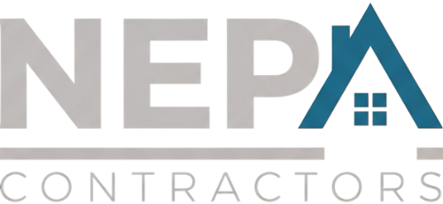 The logo for NEPA Contractors featuring the gray text "NEPA" with a blue roof icon and "CONTRACTORS" underlined below.
