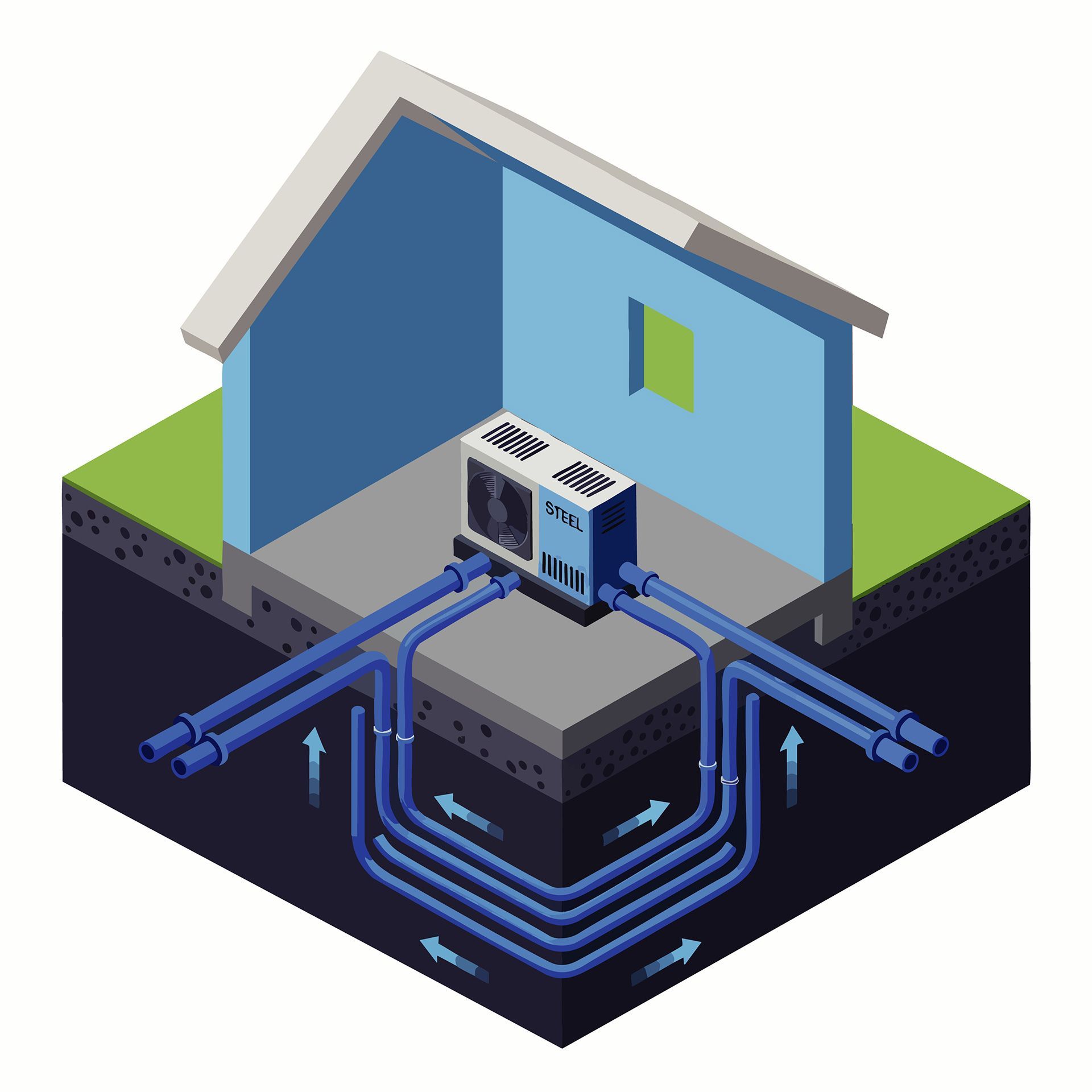 Geothermal heat pump system diagram illustrating renewable energy for home heating and cooling. Sustainable technology for eco-friendly houses