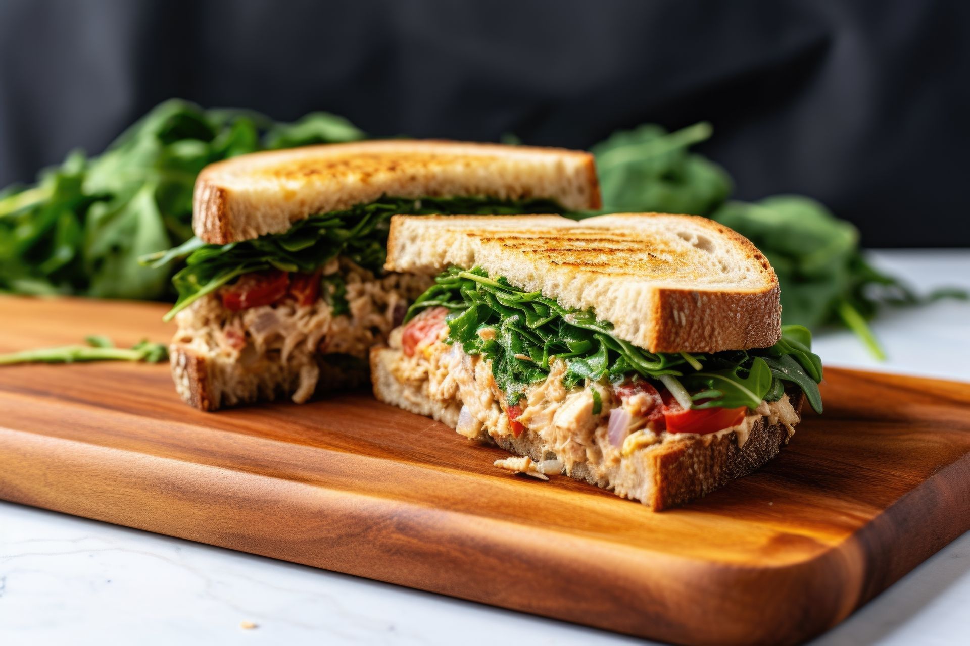 A tuna sandwich is cut in half on a wooden cutting board.