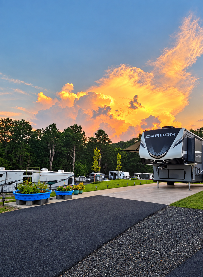 A row of rvs are parked on the side of a dirt road.