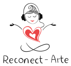 Figura meditando con el coraz&oacute;n; con auriculares. Logotipo de Reconnect-Arte.