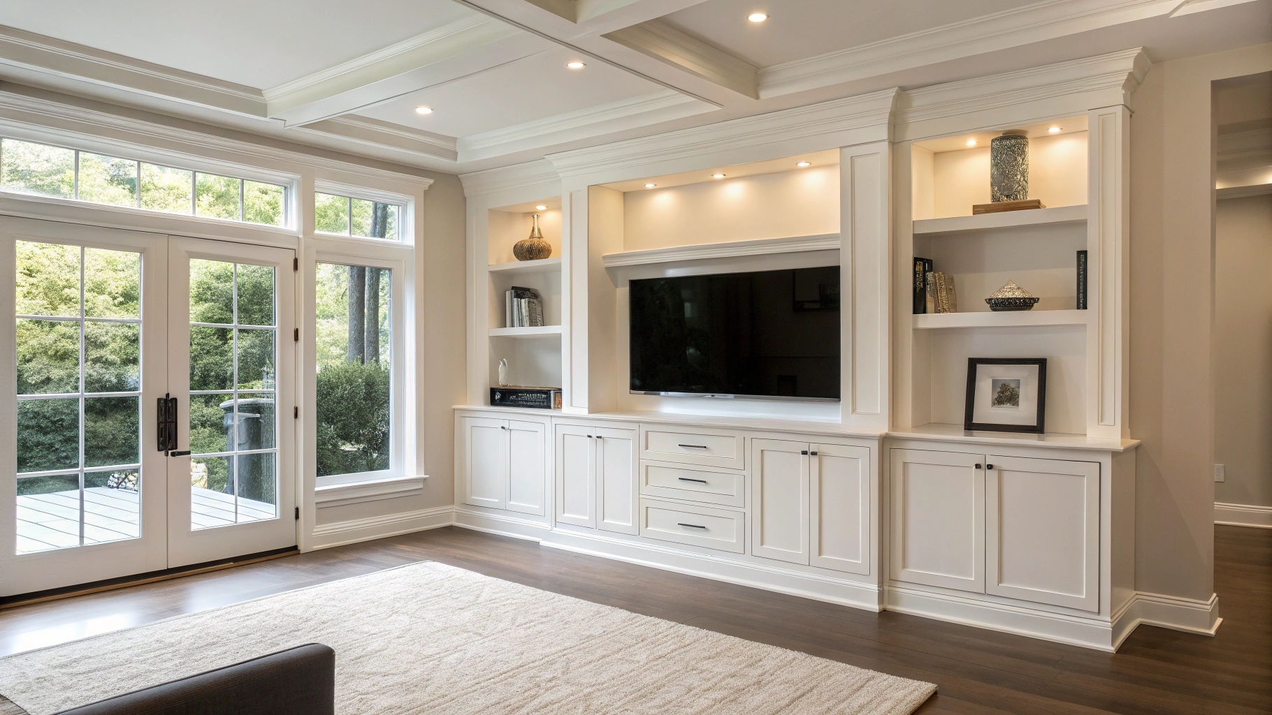 Living room with built-in white entertainment center, French doors, and a fluffy white rug.
