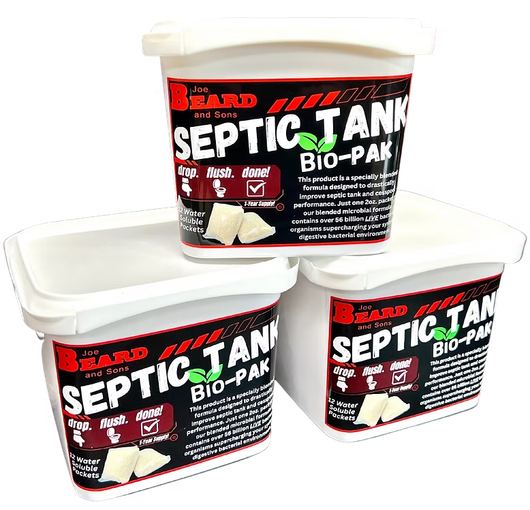 Three containers of septic tank bio-pak are stacked on top of each other