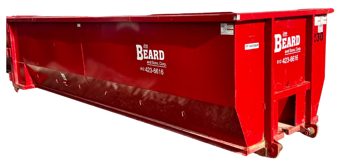 A large red dumpster with the word beard on it.