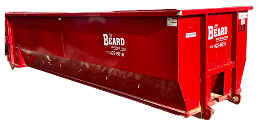 A large red dumpster with the word beard on it.