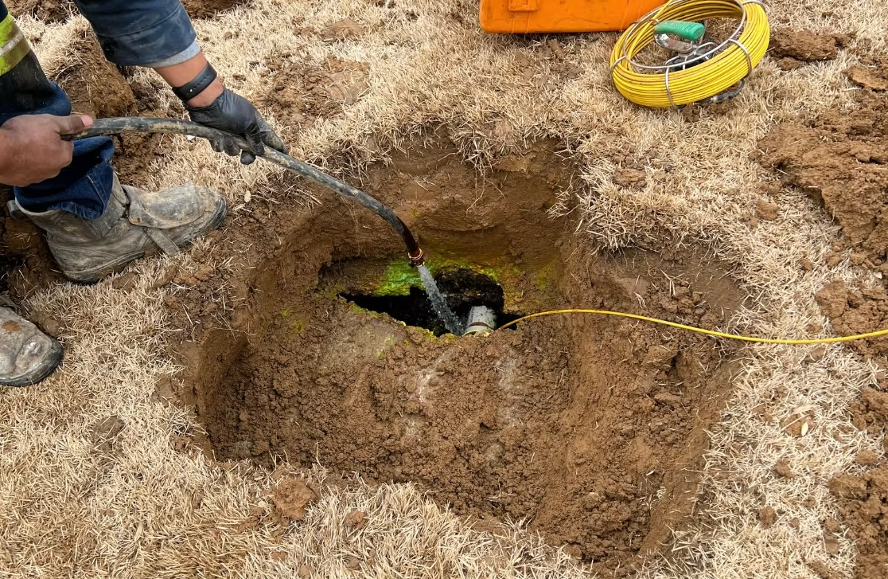 A man is digging a hole in the ground with a hose.