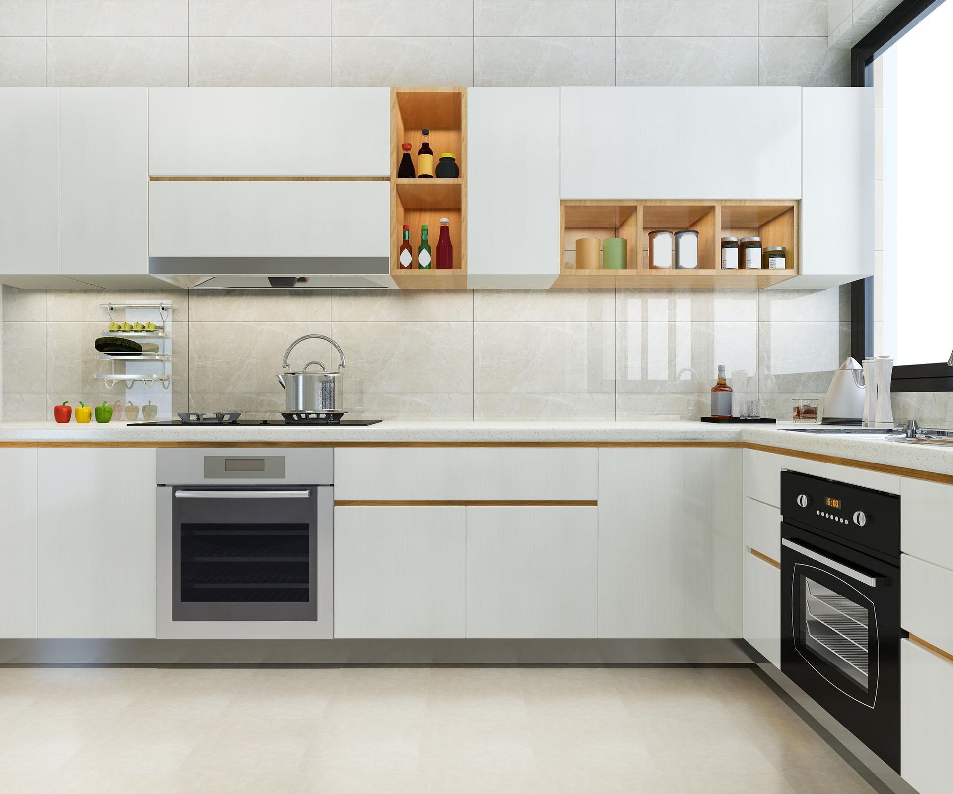 Modern white kitchen with built-in appliances, wooden accents, and open shelving.