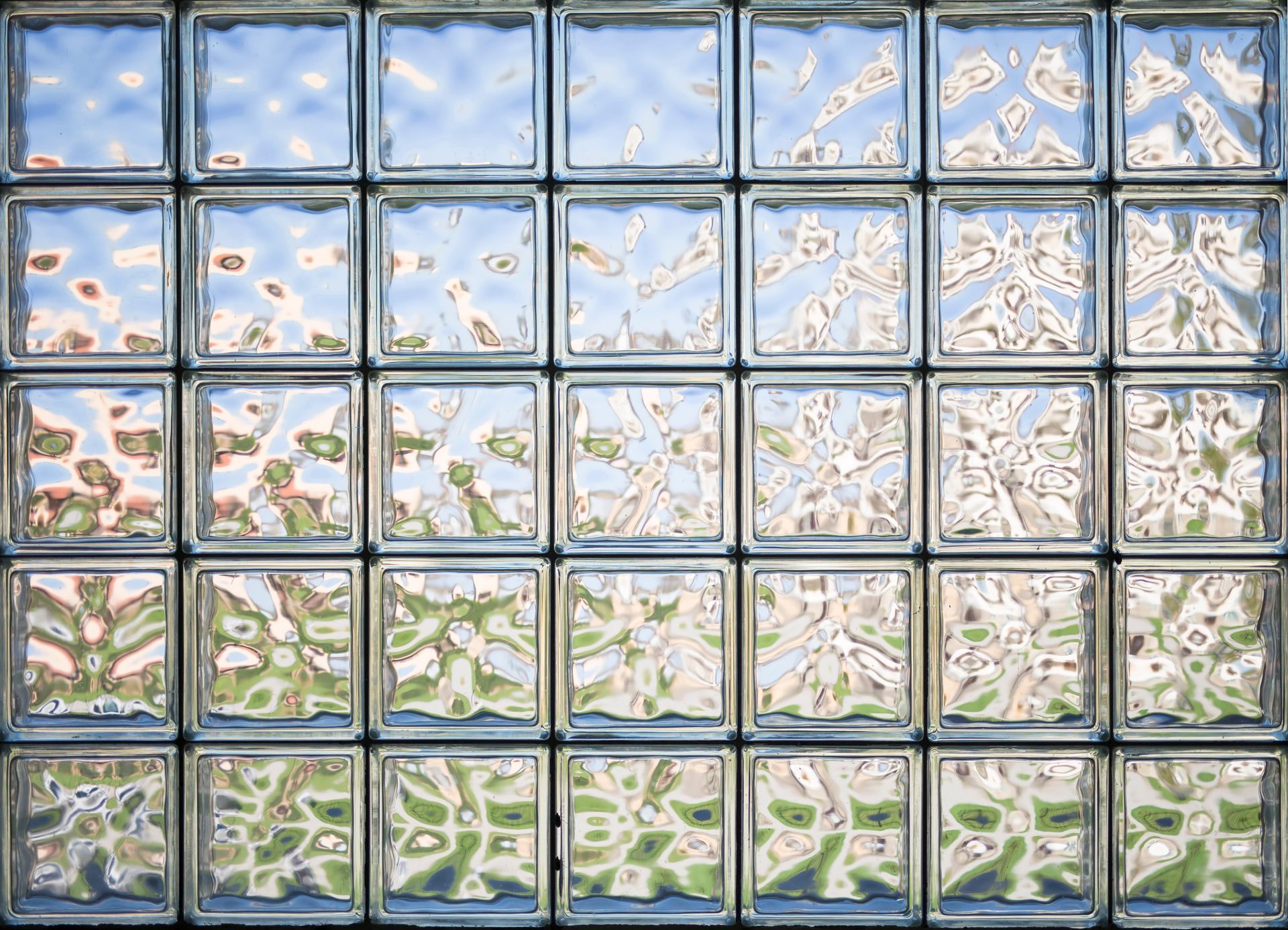 Glass block wall with frosted floral and leaf patterns in blue, pink, and green tones