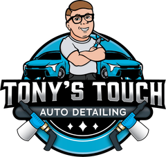 Logo for Tony's Touch Auto Detailing: Cartoon man holding squeegee with cars, cleaning tools, and text.