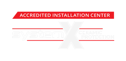 Logo for System X Ceramic Protection. It features red and white text on a white background. 