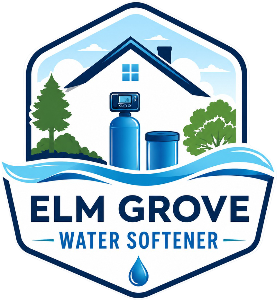 Elm Grove Water Softener Logo with Hexagon Badge Emblem, Water Softener System, and Company Name in Elm Grove, WI