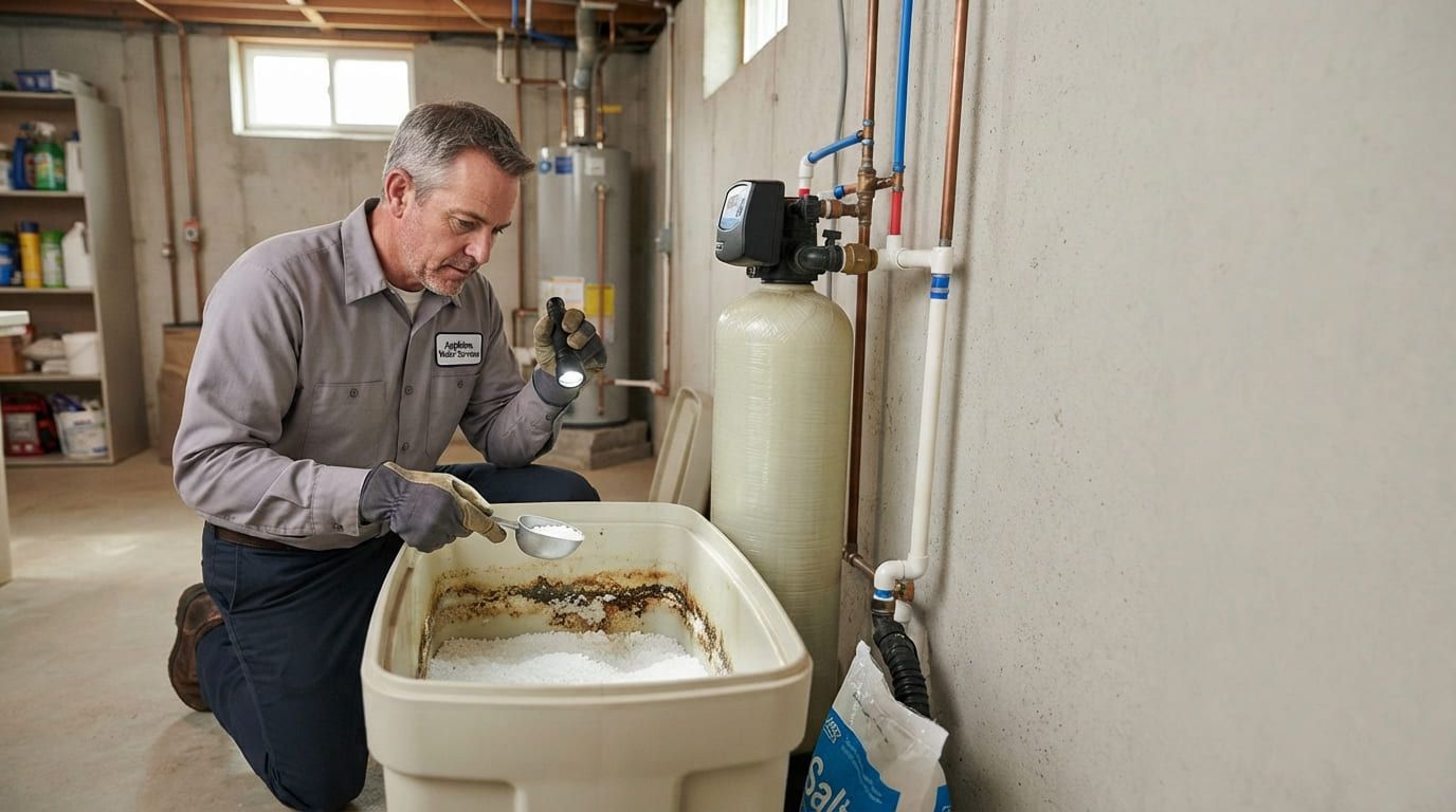Man wearing gloves scooping residue from an open water softener brine tank