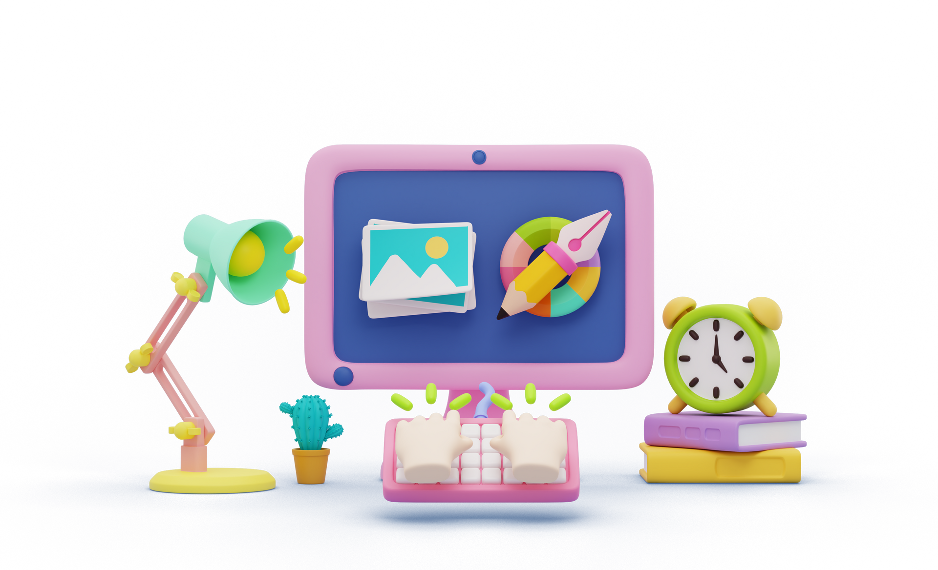 Cartoon workstation: monitor with design icons, keyboard with typing hands, lamp, clock, and books.