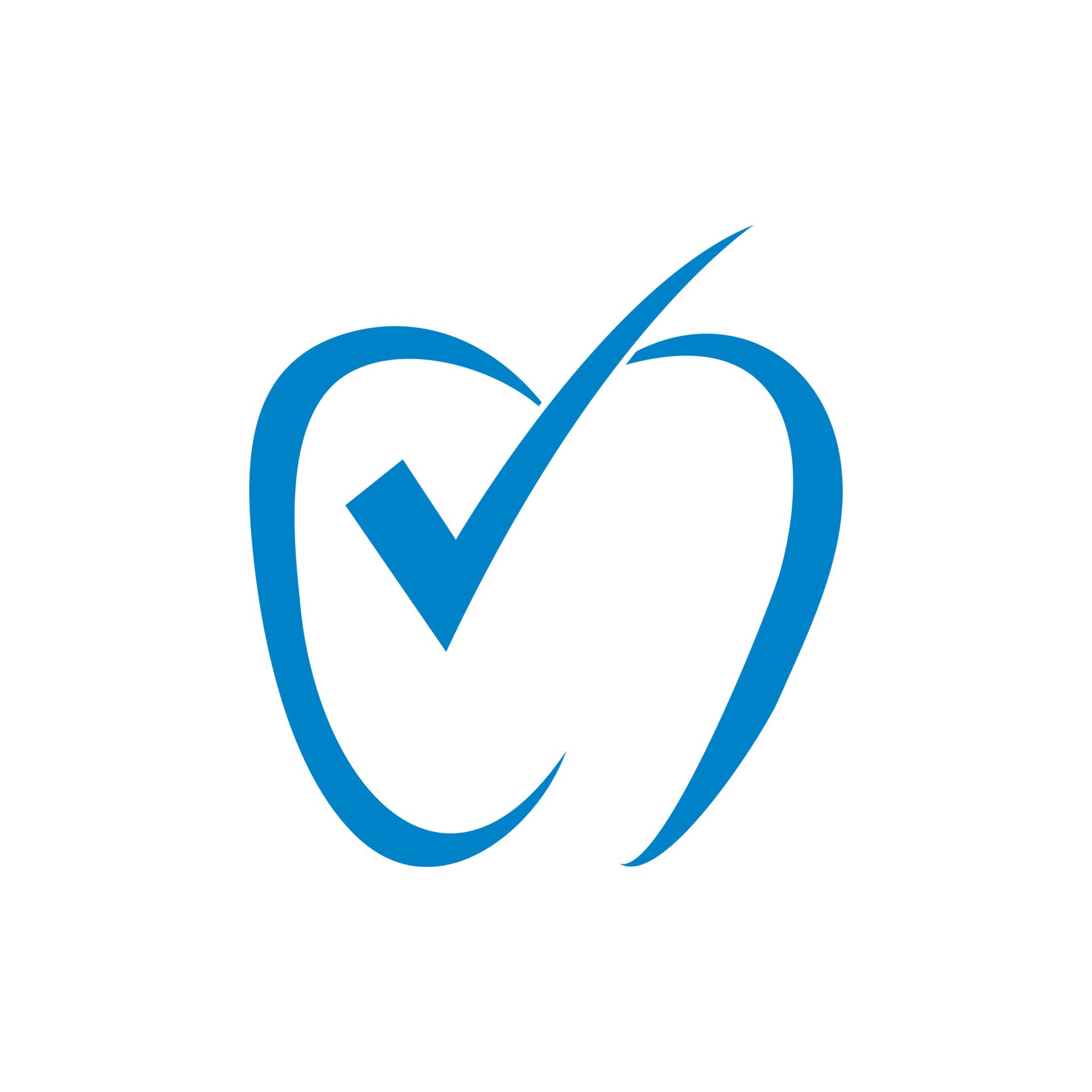 Blue tooth-shaped logo with a checkmark, symbolizing dental health and approval.