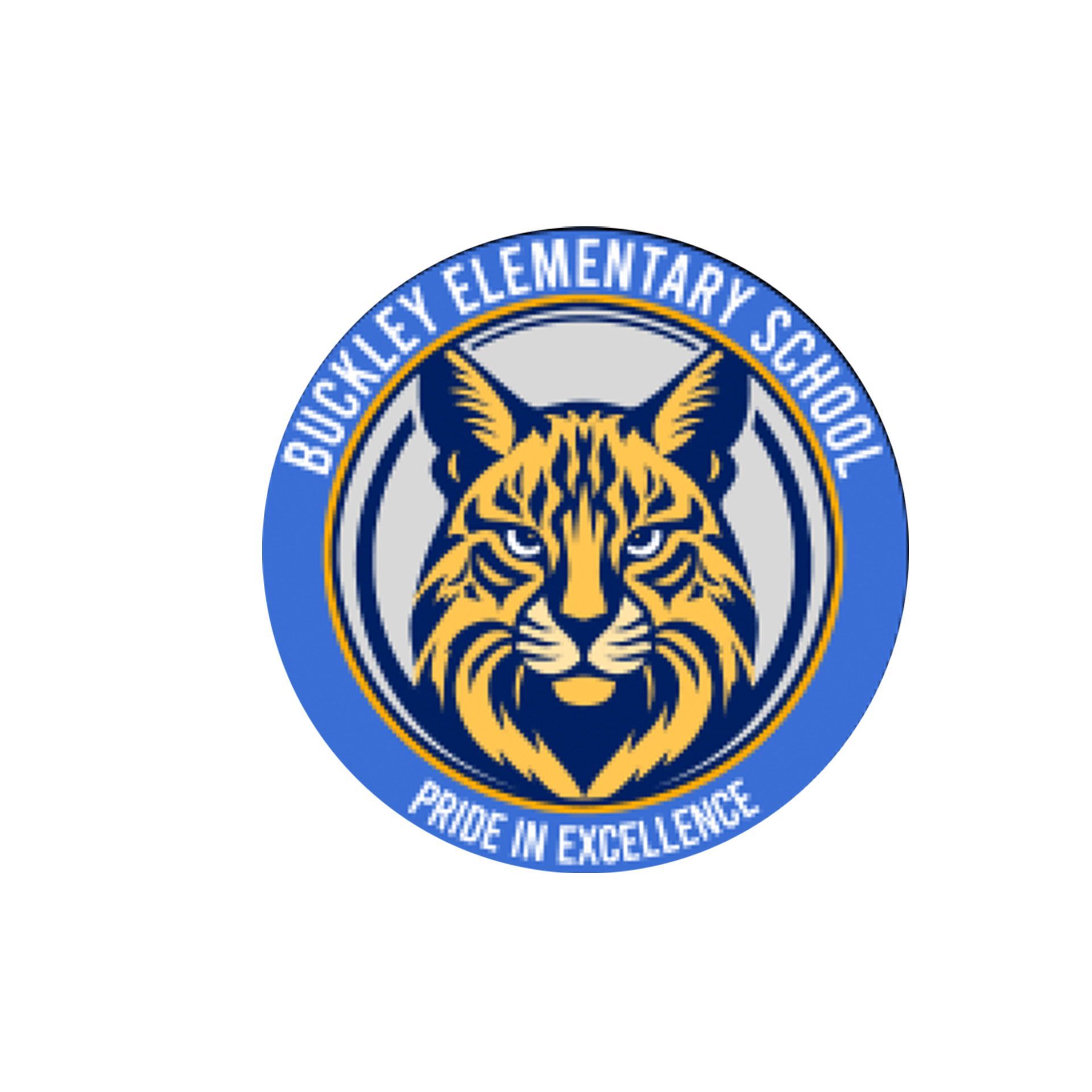 Buckley Elementary School logo: A bobcat face within a blue circle, with text 