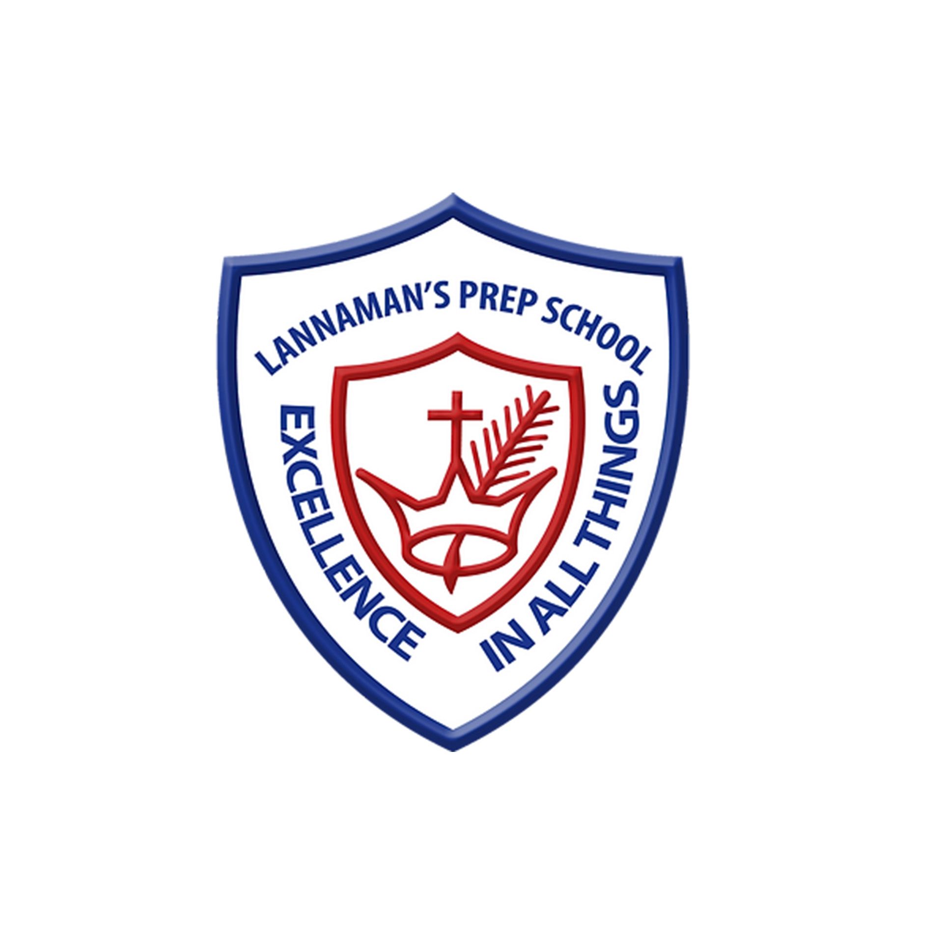 Lannamans Prep School logo: Shield with crown, cross, and text 