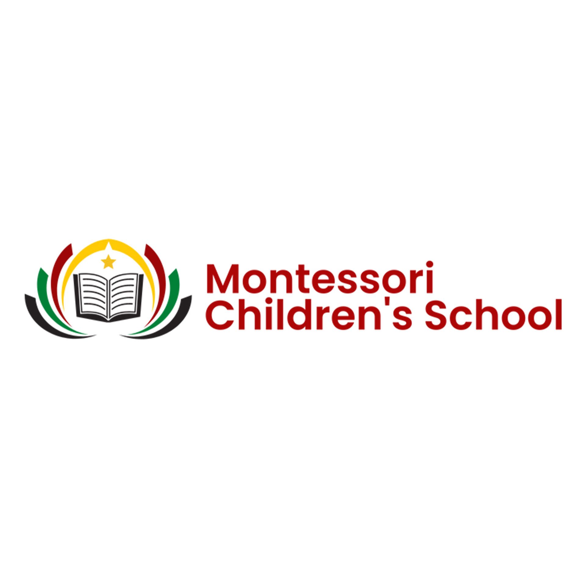 Logo for Montessori Children's School: open book icon with star, surrounded by green, black, and red arches. Text in red.