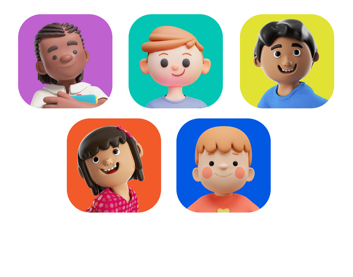 Five cartoon children, each in a square with different colored backgrounds, smiling at the viewer.