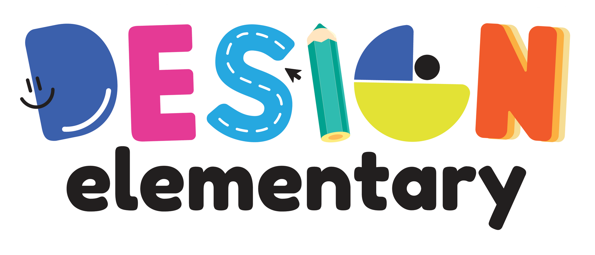 Colorful "DESIGN elementary" logo with cartoonish lettering, including a pencil and a face on the "D".