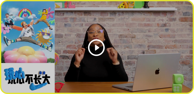 Woman gesturing while seated in front of a laptop; a cartoon is on the left.