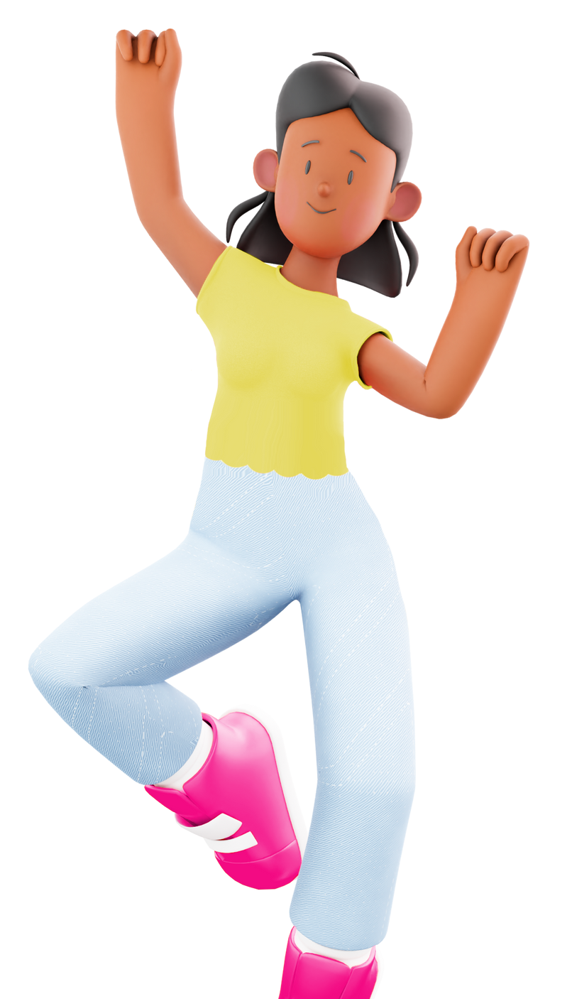 Person jumping with arms raised, wearing a yellow shirt, blue pants, and pink shoes.