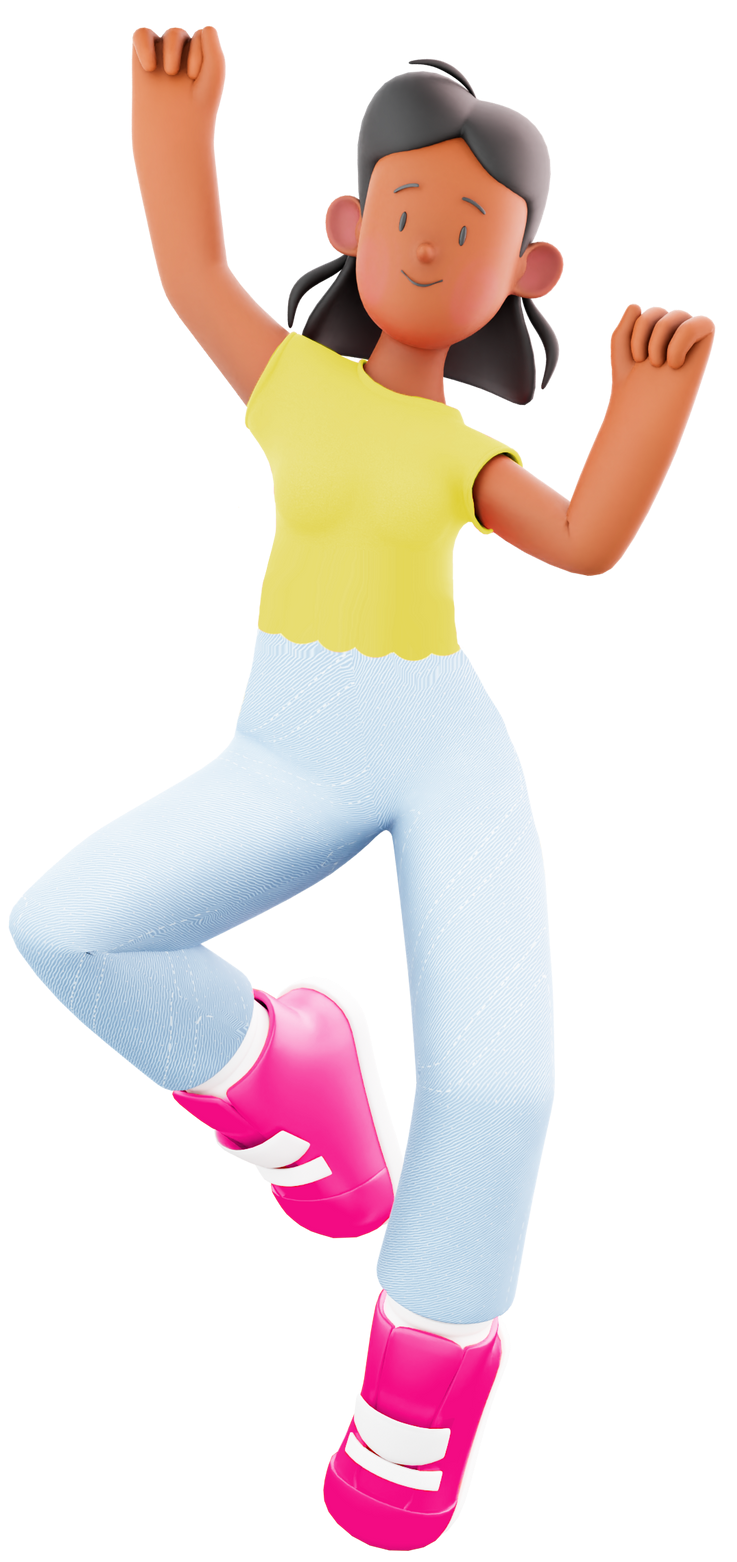 Cartoon person jumps joyfully with arms raised. They wear a yellow shirt, blue pants, and pink shoes.