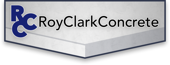 Roy Clark Concrete logo with blue “RC” and black text on a gray shield background