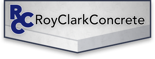 Roy Clark Concrete logo with blue &ldquo;RC&rdquo; and black text on a gray shield background