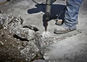 Construction worker jackhammering cracked concrete pavement