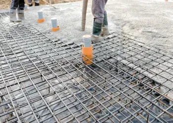 Workers pouring concrete over steel rebar with orange spacer caps at a construction site