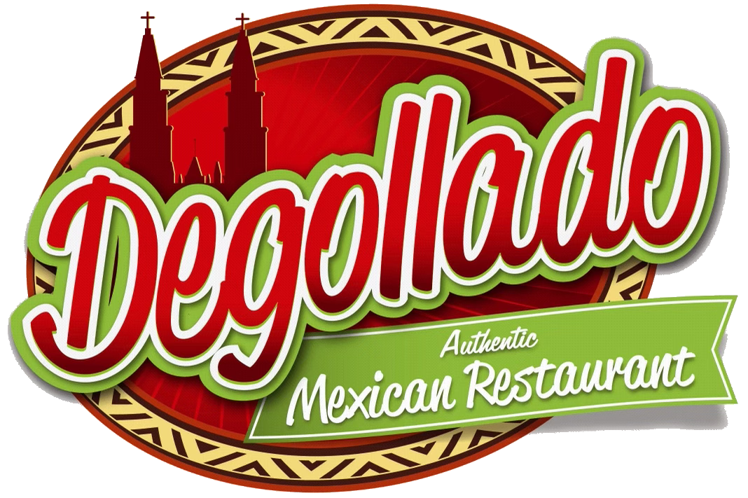 Logo for Degollado Authentic Mexican Restaurant featuring red lettering with a green accent and church silhouette.