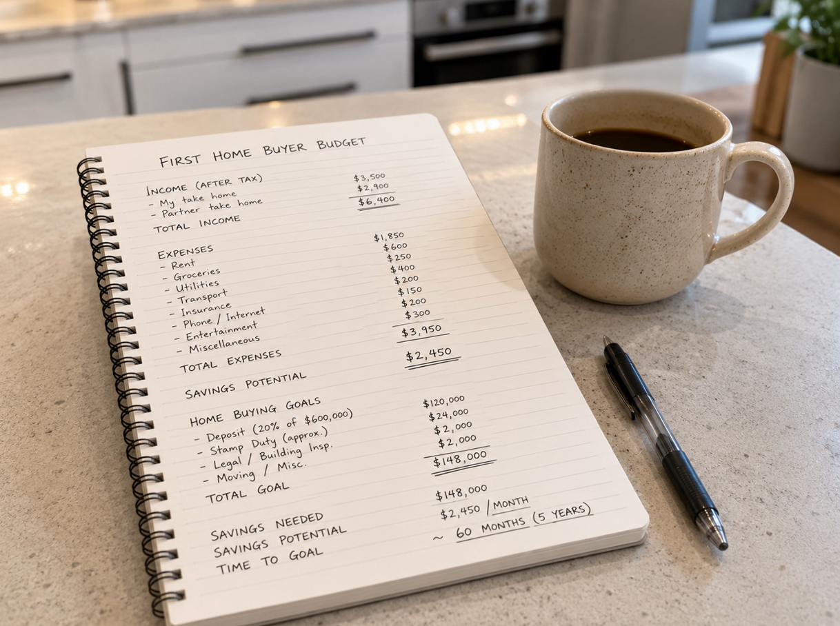 A Notebook on a Marble Kitchen Counter — Brightside Buyers Agency in The Hills Shire, NSW