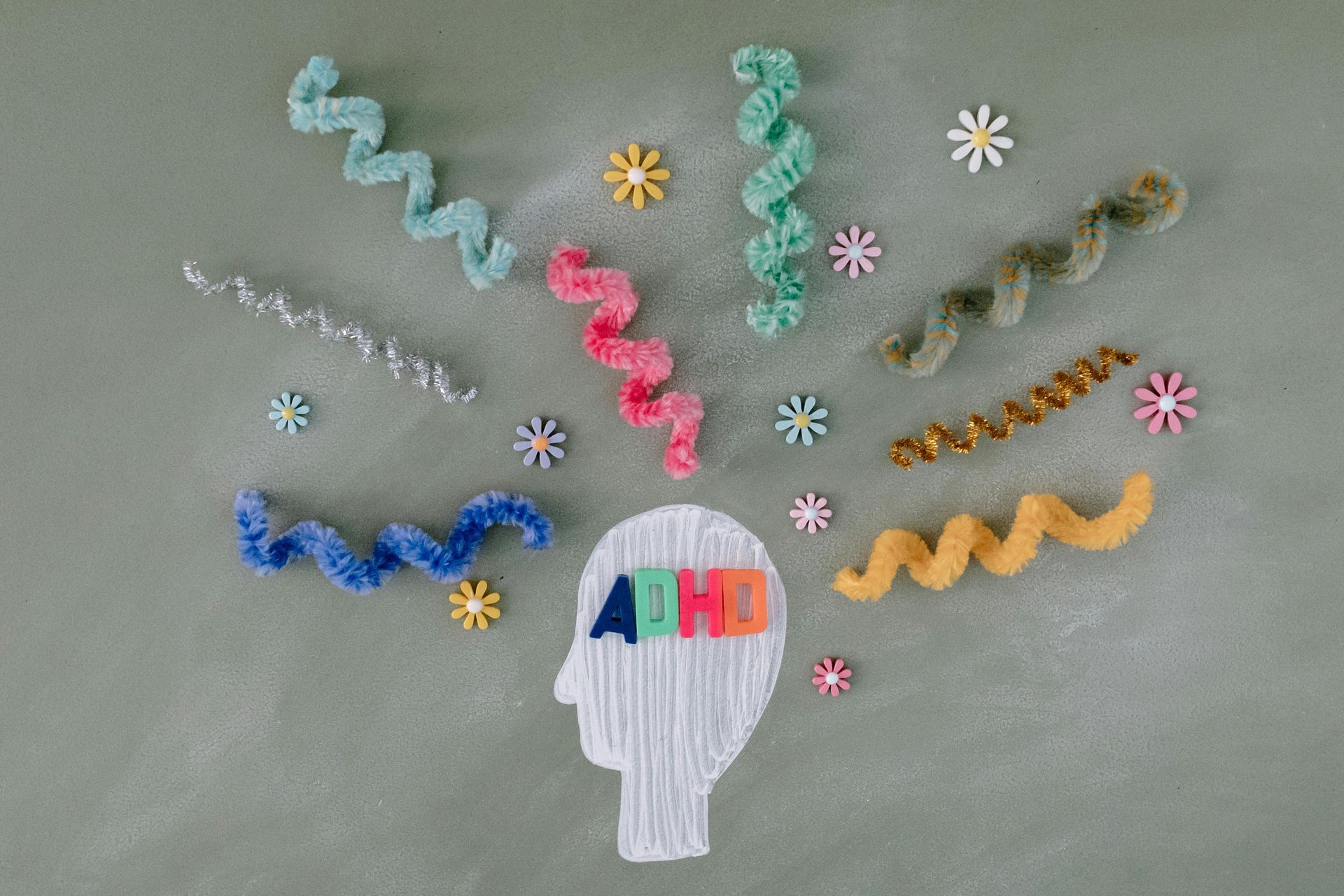 A drawing of a head with the word adhd on it surrounded by colorful swirls and flowers.