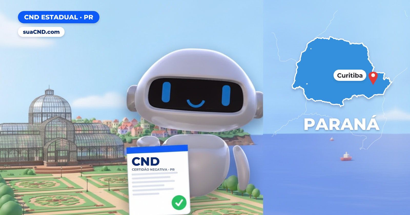 Mascote da suaCND segurando a CND Estadual, com o mapa do Paraná e Estufa do Jardim Botânico de Curitiba ao fundo