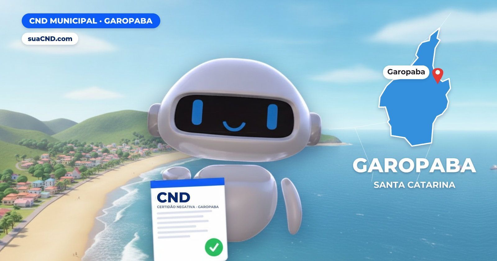 Mascote da suaCND segurando a CND Municipal de Garopaba, com o mapa de Garopaba e Orla de Garopaba, em Santa Catarina ao fund