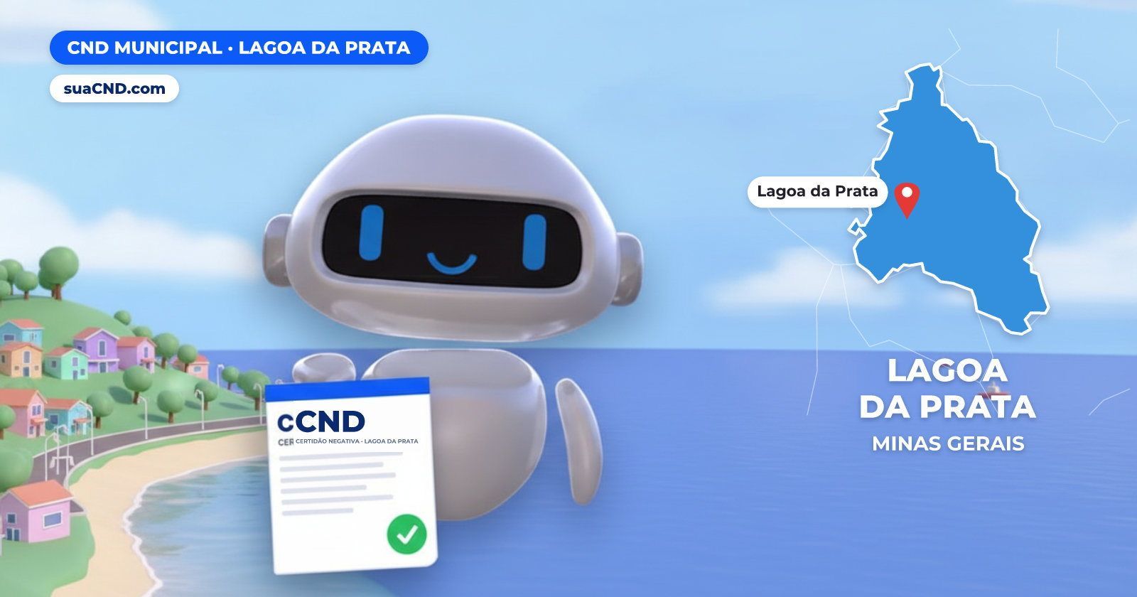 Mascote da suaCND segurando a CND Municipal de Lagoa da Prata, com o mapa de Lagoa da Prata e Praia Municipal e lagoa de Lago