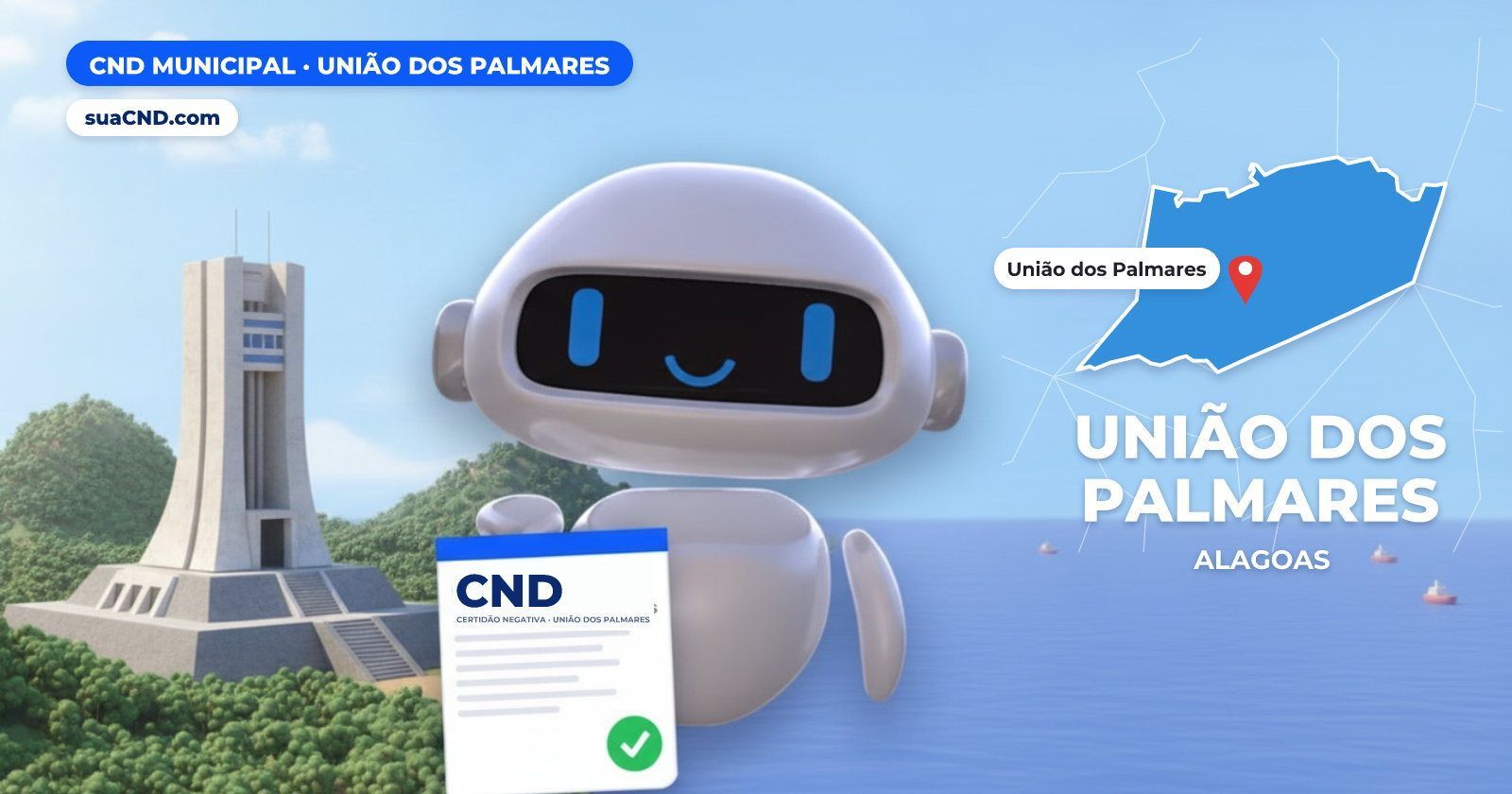 Mascote da suaCND segurando a CND Municipal de União dos Palmares, com o mapa de União dos Palmares e Parque Memorial Quilomb