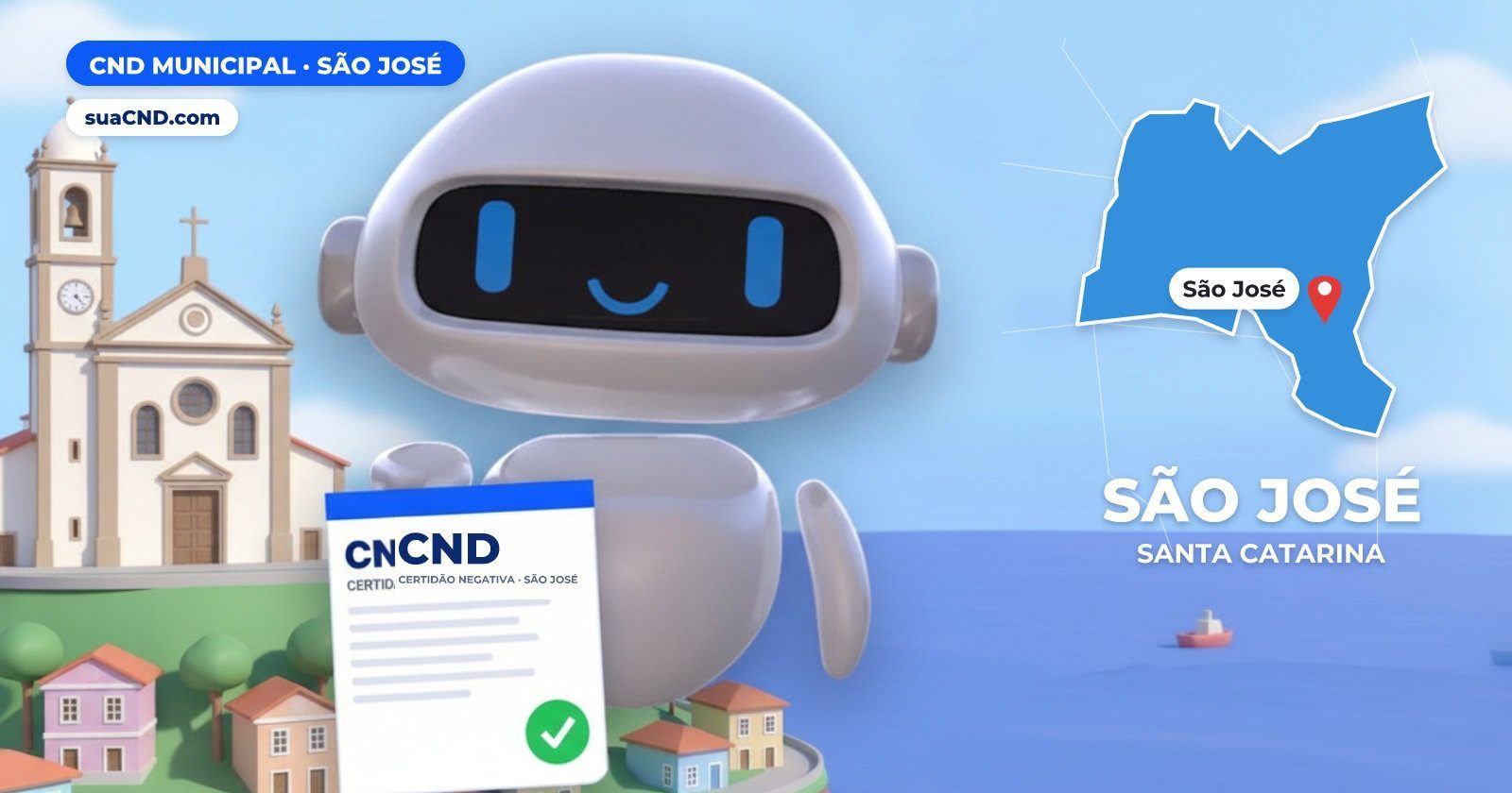 Mascote da suaCND segurando a CND Municipal de São José, com o mapa de São José e Igreja Matriz de São José, no Centro Histór