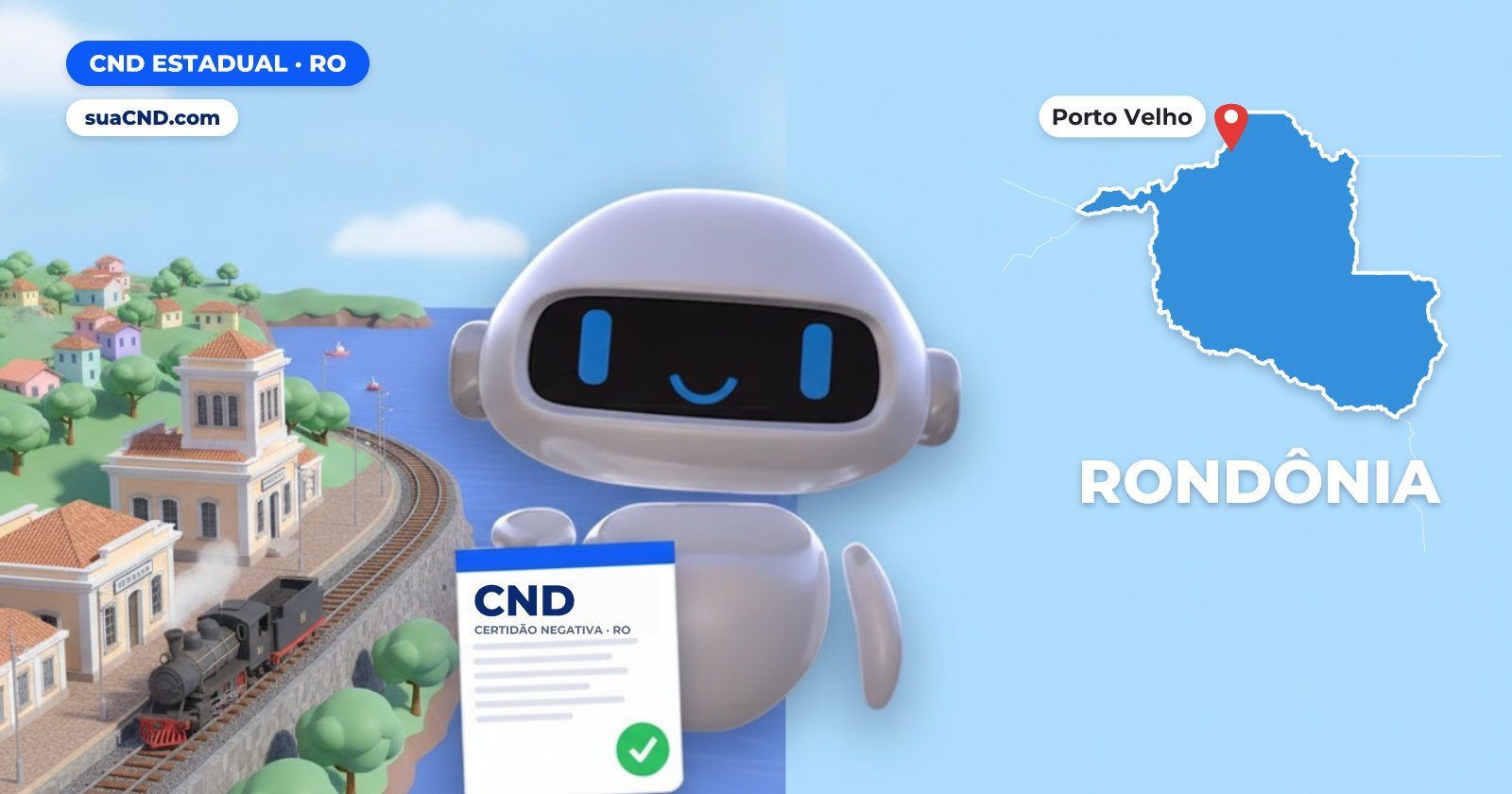 Mascote da suaCND segurando a CND Estadual, com o mapa de Rondônia e Complexo da Estrada de Ferro Madeira-Mamoré, em Porto Ve