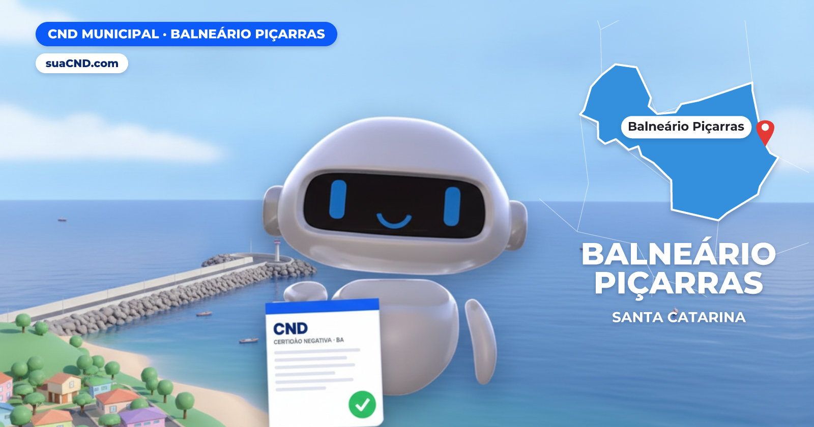 Mascote da suaCND segurando a CND Municipal de Balneário Piçarras, com o mapa de Balneário Piçarras e Molhe Turístico Joaquim