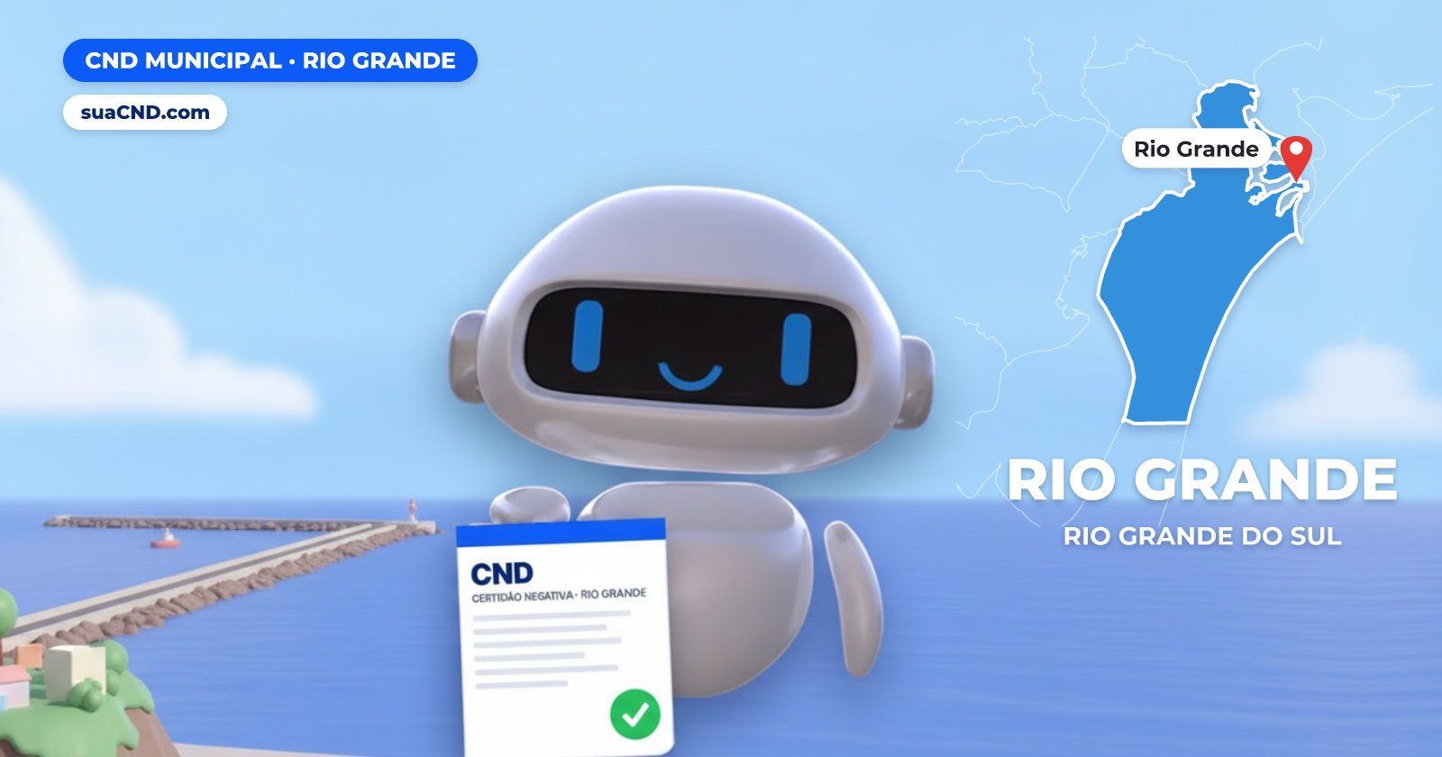 Mascote da suaCND segurando a CND Municipal de Rio Grande, com o mapa de Rio Grande e Molhes da Barra, em Rio Grande (RS) ao