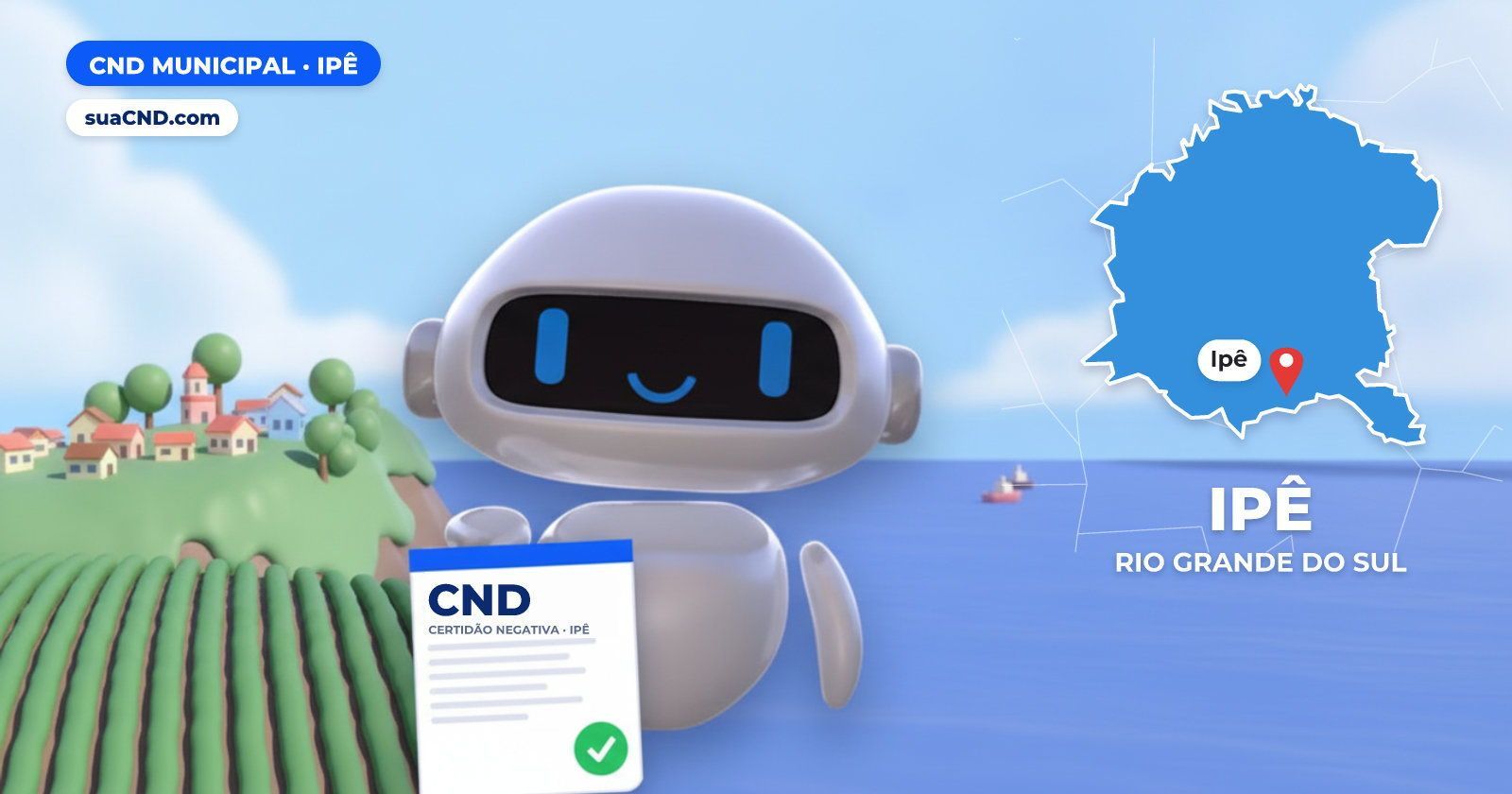 Mascote da suaCND segurando a CND Municipal de Ipê, com o mapa de Ipê e Lavouras ecológicas dos Campos de Cima da Serra, em I