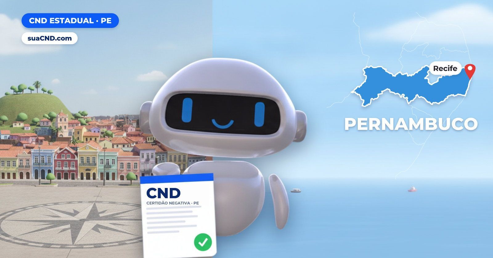 Mascote da suaCND segurando a CND Estadual, com o mapa de Pernambuco e Marco Zero, no Recife Antigo, em Recife ao fundo