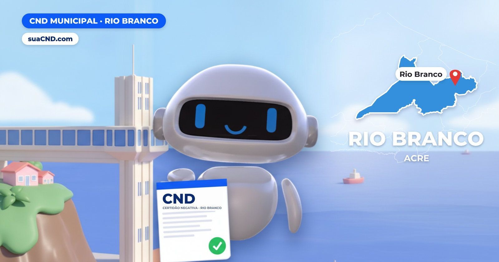 Mascote da suaCND segurando a CND Municipal de Rio Branco, com o mapa de Rio Branco e Passarela Joaquim Macedo sobre o Rio Ac