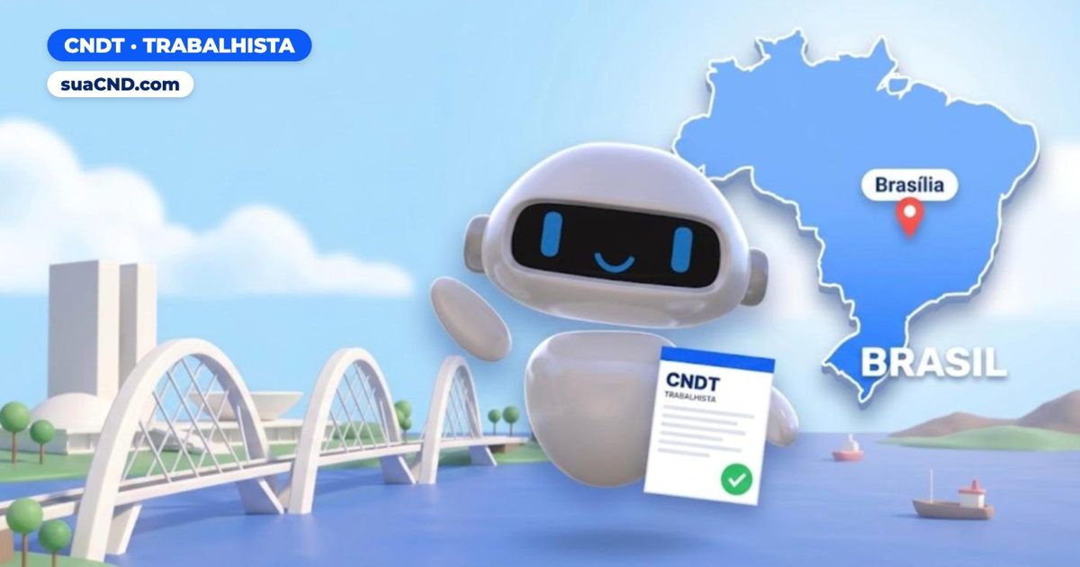 Mascote da suaCND acenando com a CNDT na mão, com o mapa do Brasil e a Ponte JK ao fundo