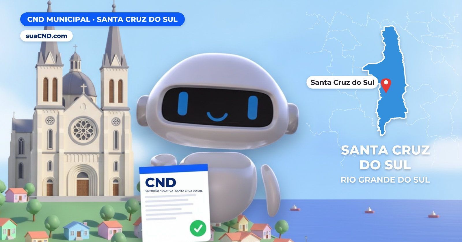 Mascote da suaCND segurando a CND Municipal de Santa Cruz do Sul, com o mapa de Santa Cruz do Sul e Catedral São João Batista