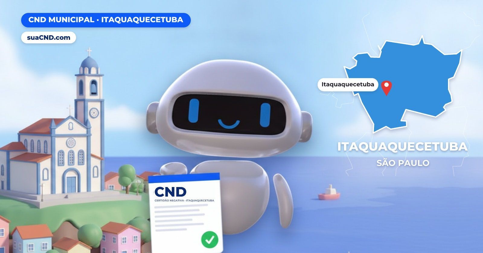 Mascote da suaCND segurando a CND Municipal de Itaquaquecetuba, com o mapa de Itaquaquecetuba e Igreja Matriz de Nossa Senhor