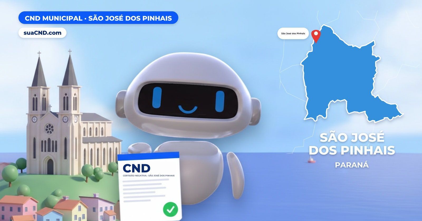 Mascote da suaCND segurando a CND Municipal de São José dos Pinhais, com o mapa de São José dos Pinhais e Catedral de São Jos